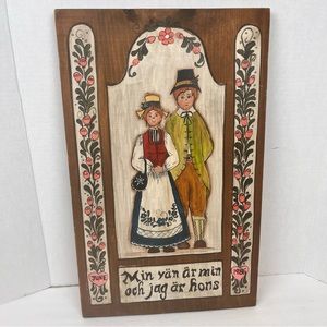 German/Dutch wooden wall plaque w/hand-painted design-traditional dress/quote